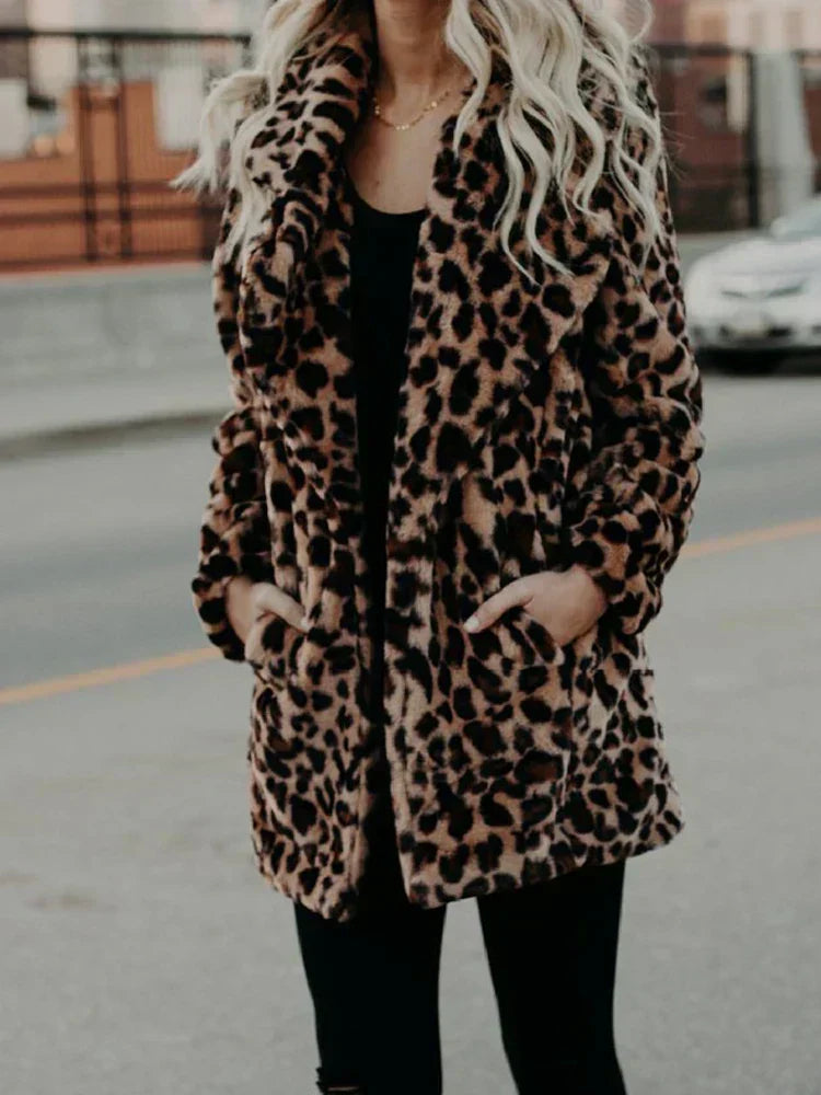 R&B | Mantel - Kunstpelz - Legere Passform - Leopardenmuster - Mittellang Schicker Look