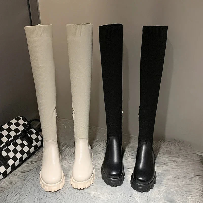 R&B | Stricken Überknie Rundzehen Winterstiefel