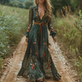 Boho Damen Maxikleid mit Niedrigem V-Ausschnitt und Langarm | R&B