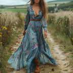 Boho Damen Maxikleid mit Niedrigem V-Ausschnitt und Langarm | R&B