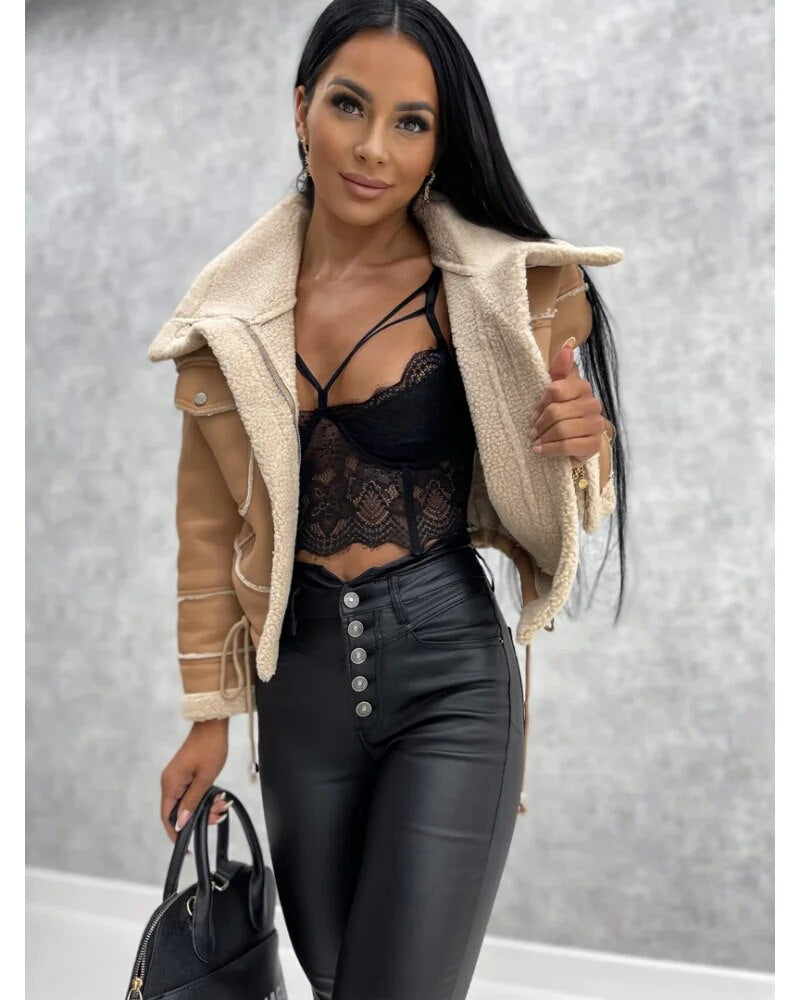 R&B | Kurze Lederjacke mit Teddyfutter