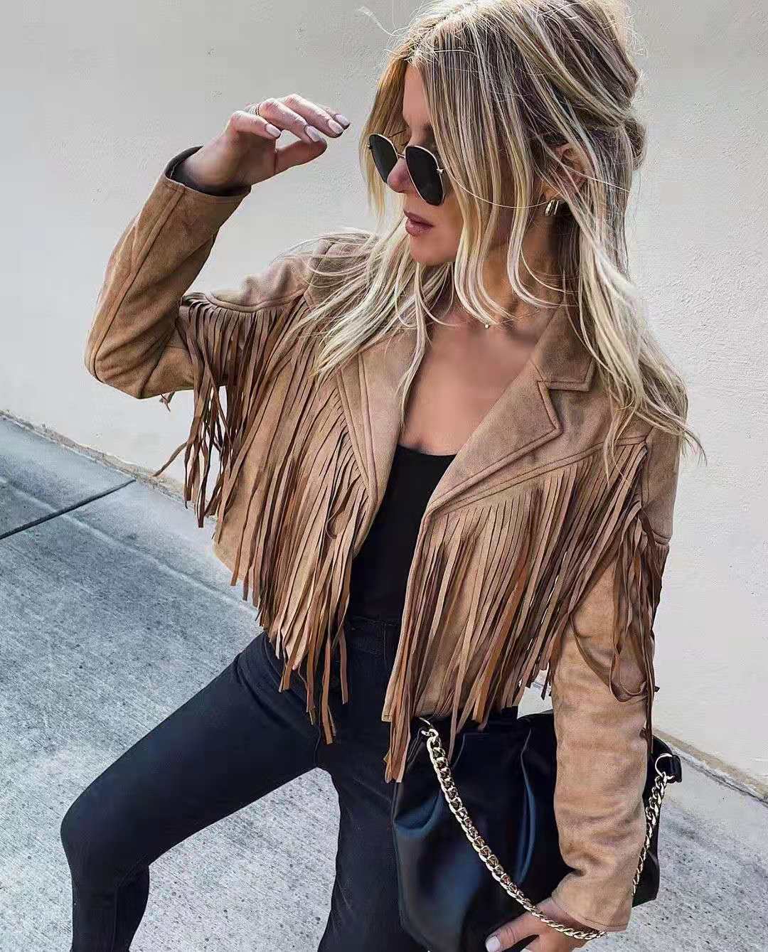 R&B | Jugendlicher Wildleder-Jackentrend - Fransen-Cardigan mit Troddelsaum, E-Girl Bikerjacke, 90Er Vintage Streetwear, Cooles Design
