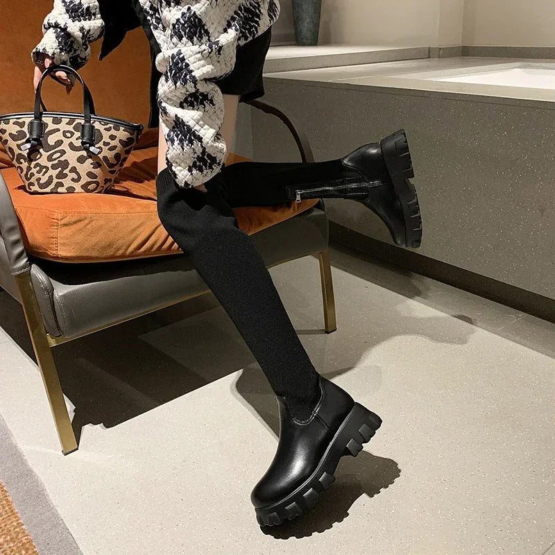 R&B | Stricken Überknie Rundzehen Winterstiefel