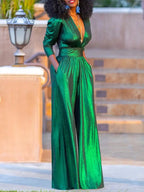 R&B Damen Jumpsuit mit V-Ausschnitt und Metallic-Optik