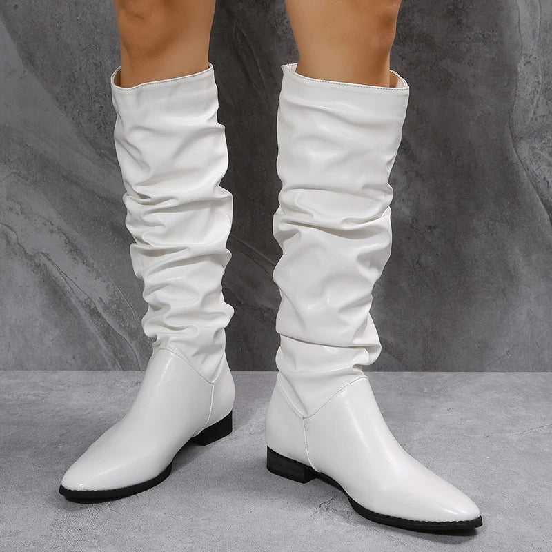 R&B | Knielange Punk-Stil Falten Pu-Leder Stiefel
