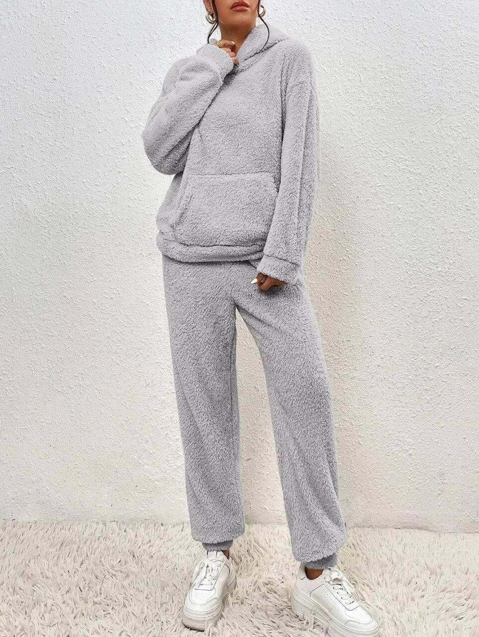 R&B | Weiche Teddyjacke Damen Loungewear Satz mit Kapuze
