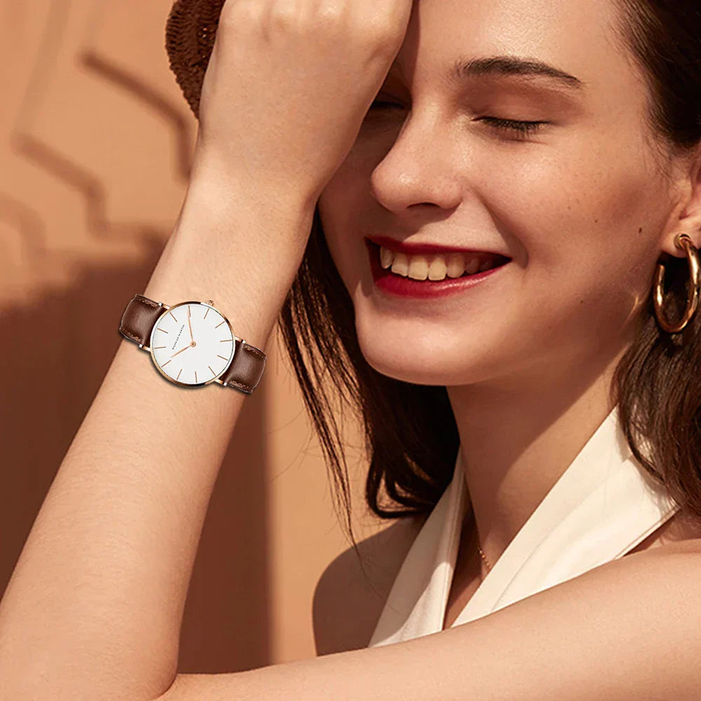 R&B | Runde Zeitlose Minimalistische Uhr mit Lederarmband für Frauen