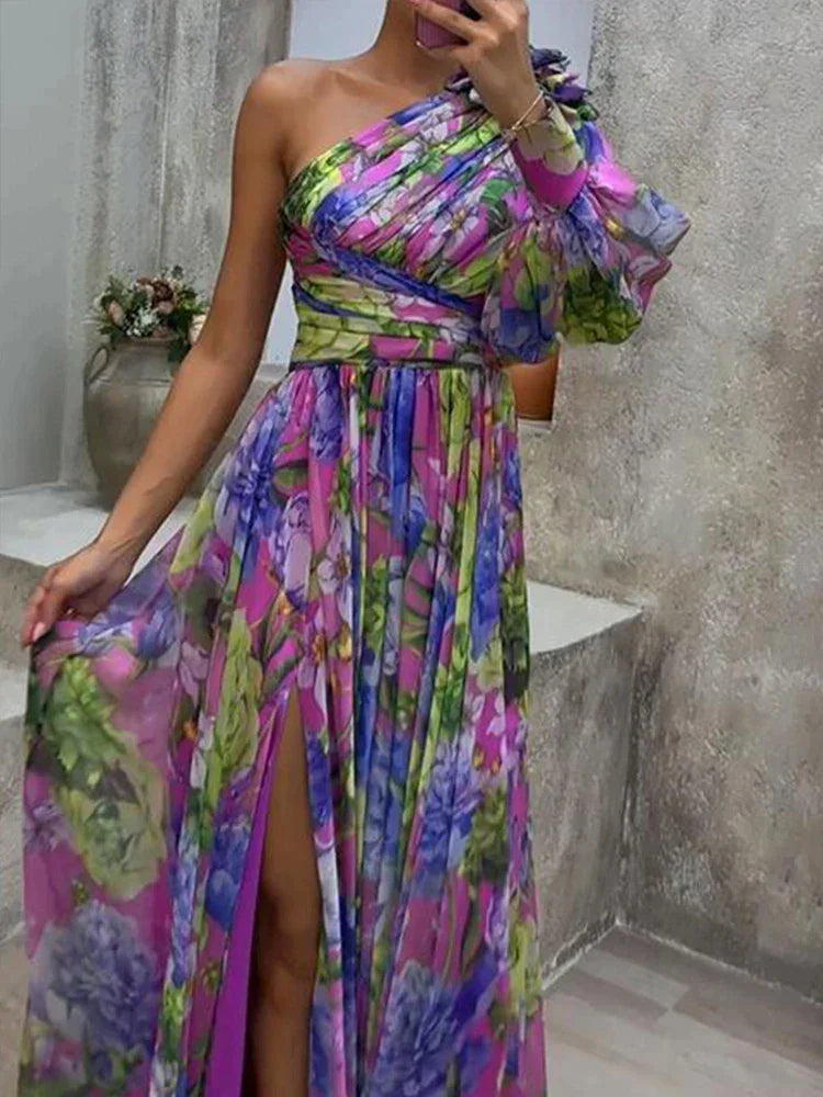 R&B -  Lila Druck Seite Schlitz ein Ärmel Sexy Maxikleid