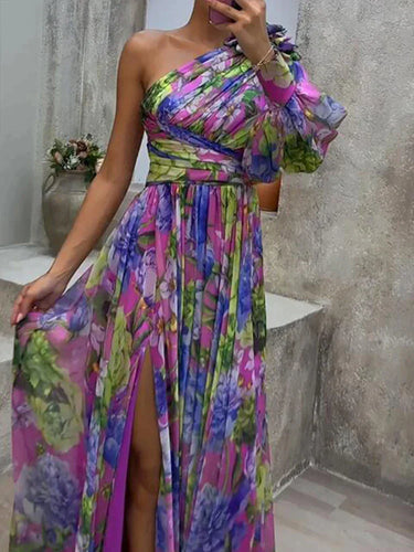 R&B -  Lila Druck Seite Schlitz ein Ärmel Sexy Maxikleid