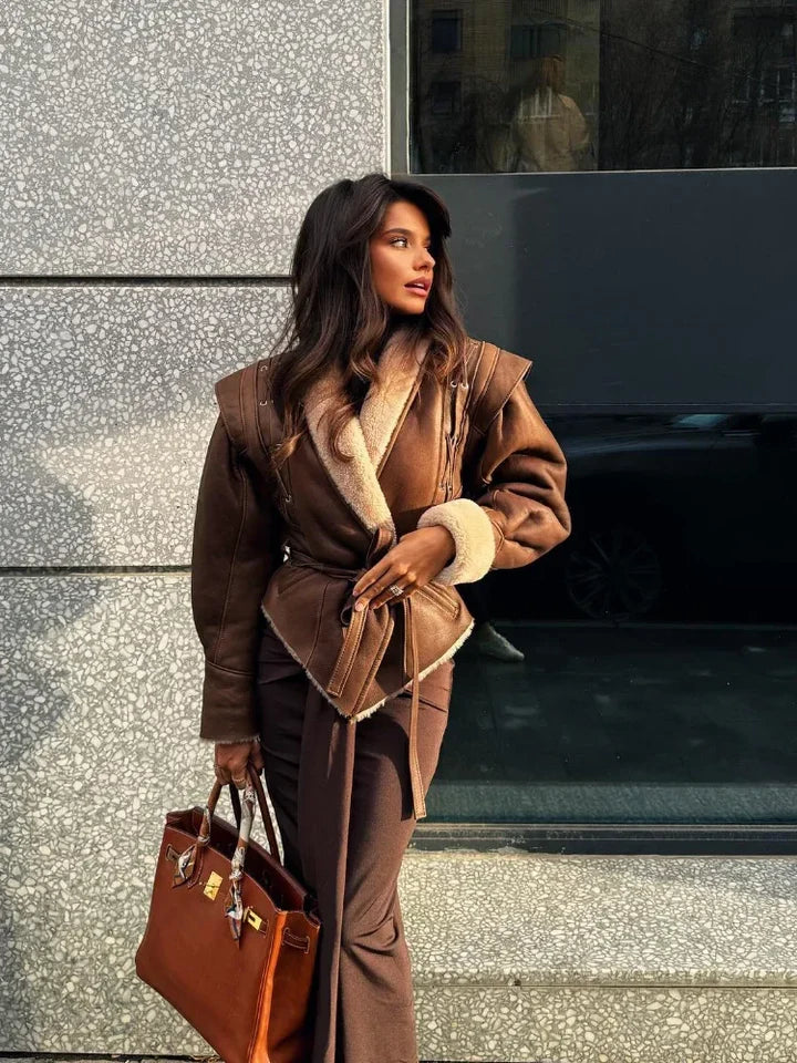 R&B | Braune Lederjacke mit Fell und Gürtel