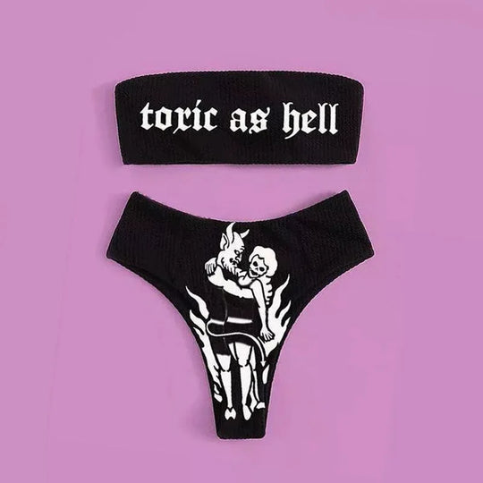 R&B | Sexy Goth Bikini Frauen Buchstaben Totenkopf Druck Badeanzug Split Badeanzug Hohe Taille Gotische Bikini Set Strandoutfits