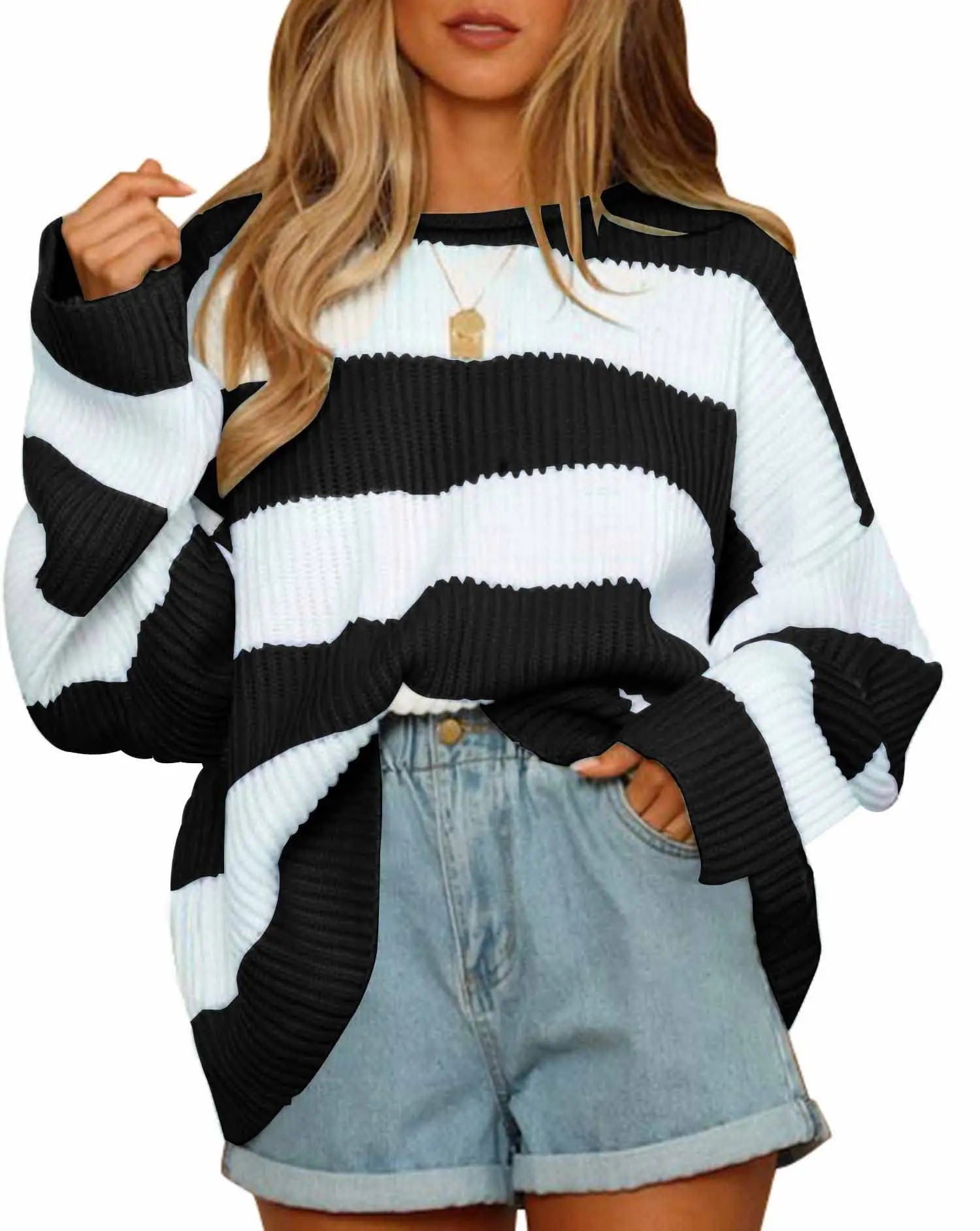 R&B | Langarm Gestreifter Rollkragenpullover