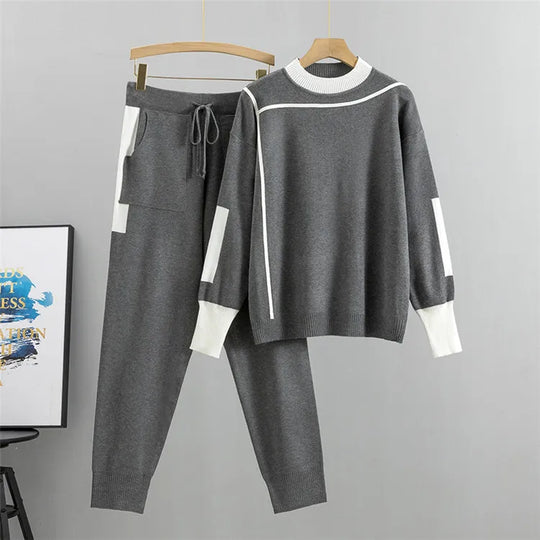 R&B - Lässiges Herbst Strick Patchwork Oberteil und Hosen Set für Frauen