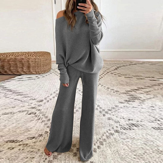 R&B - Schicker Herbst Ein-Schulter-Pullover und Lockeres Hosen-Set für Frauen