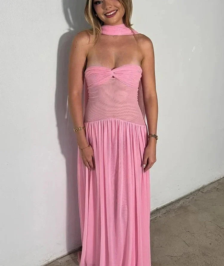 R&B | Patchwork Maxi Kleid Schal Rückenfrei Strapless Rüschen Bankett