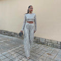 R&B | Quaste Pailletten Frauen 2 Teilig Set Herbst Silber Licht Seide O-Ausschnitt Crop Tops Breite Bein Hosen Damen Anzug Mode Straße Damen Set