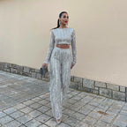 R&B | Quaste Pailletten Frauen 2 Teilig Set Herbst Silber Licht Seide O-Ausschnitt Crop Tops Breite Bein Hosen Damen Anzug Mode Straße Damen Set