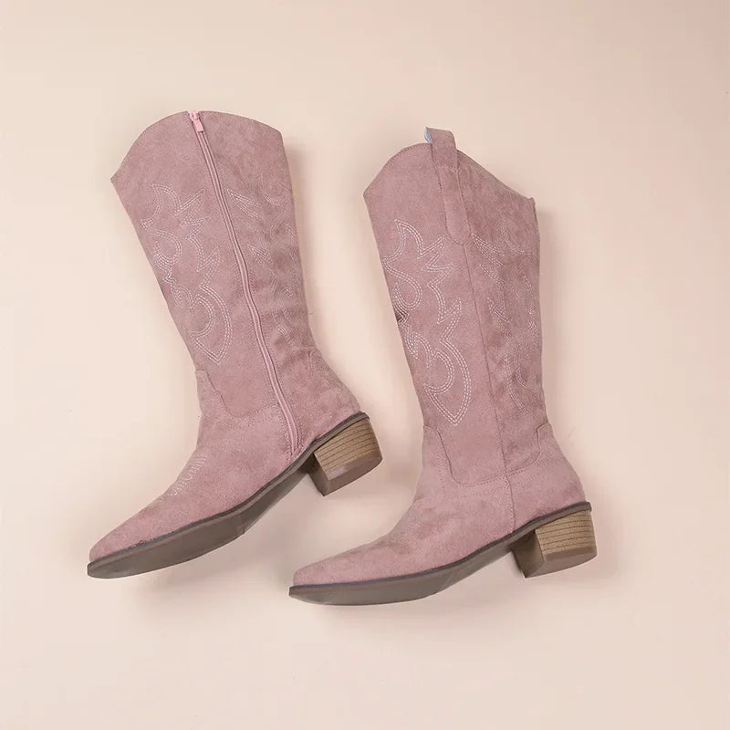 R&B | Cowboy-Stiefel – Wildleder-Textur – Bestickter Western-Stil – Halb Hoch – Niedriger Absatz