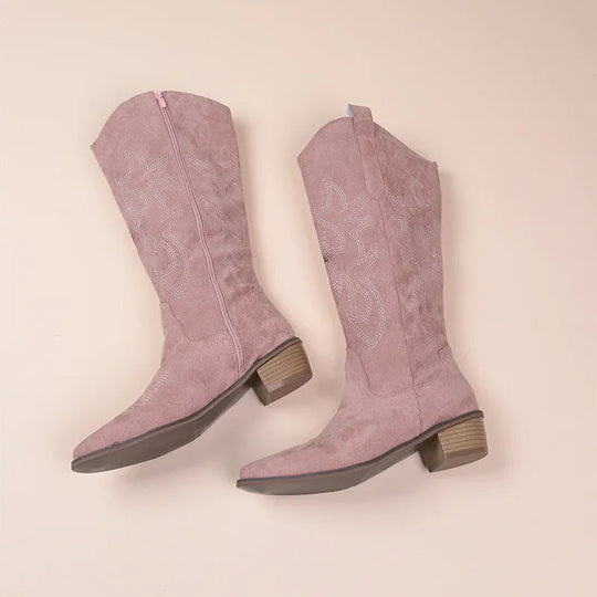 R&B | Cowboy-Stiefel – Wildleder-Textur – Bestickter Western-Stil – Halb Hoch – Niedriger Absatz