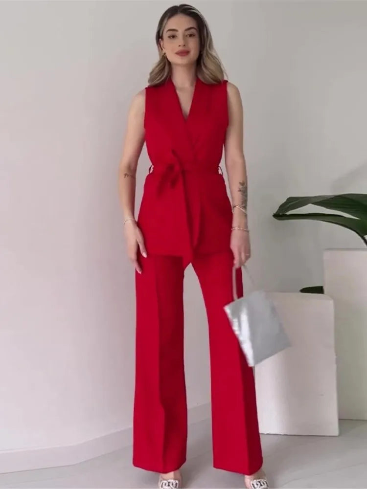 R&B | Ärmelloser Blazer-Anzug Taillierte Passform Wickel-V-Ausschnitt Weite Hose