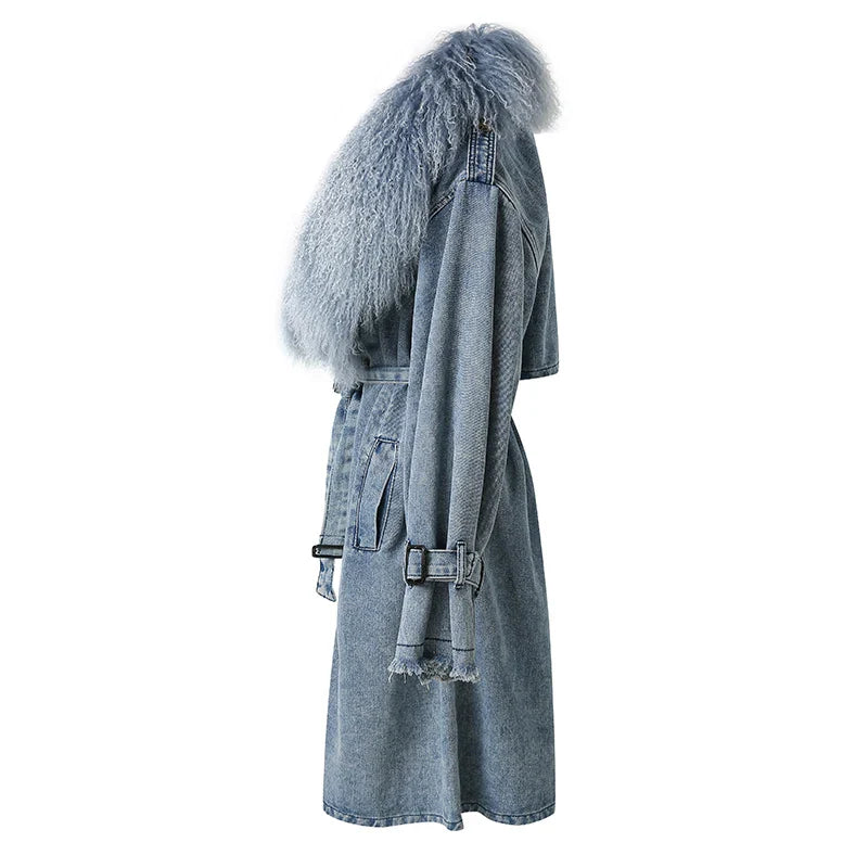 R&B | Lange Denimjacke mit Kunstfell Baumwollmix Modern und Elegant