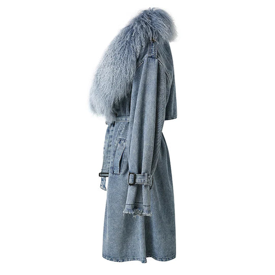 R&B | Lange Denimjacke mit Kunstfell Baumwollmix Modern und Elegant