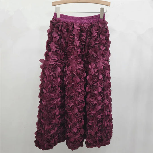 R&B | Herbst Neu Vielseitig Drei Dimensional Blumen Mittlere Falten Rock Hohe Taille Große Schwung Mode A-Linie Röcke Frauen