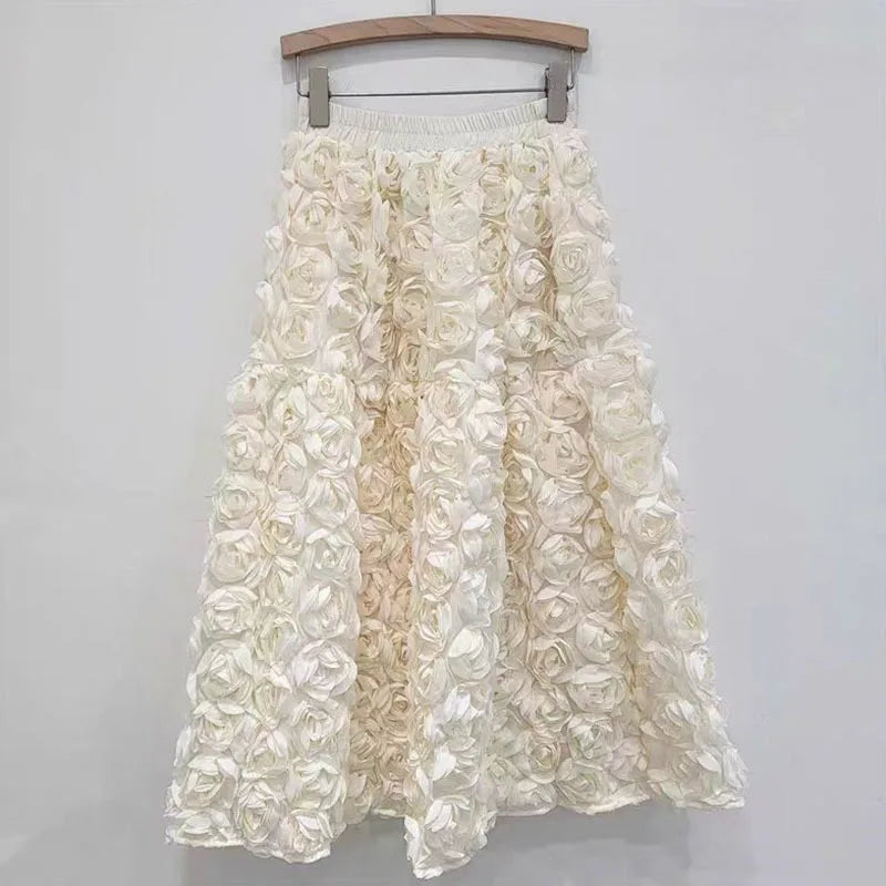 R&B | Herbst Neu Vielseitig Drei Dimensional Blumen Mittlere Falten Rock Hohe Taille Große Schwung Mode A-Linie Röcke Frauen