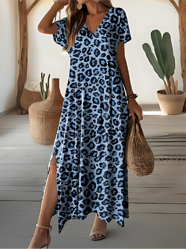 R&B | Stylisches Leopardenmuster Kurzarm V-Ausschnitt Maxikleid