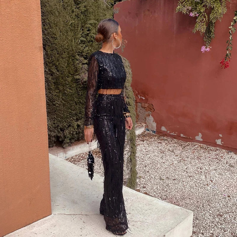 R&B | Quaste Pailletten Frauen 2 Teilig Set Herbst Silber Licht Seide O-Ausschnitt Crop Tops Breite Bein Hosen Damen Anzug Mode Straße Damen Set