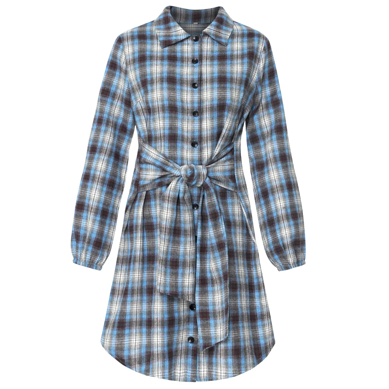 Kariertes Hemdkleid mit Gürtel und Knopfdetails