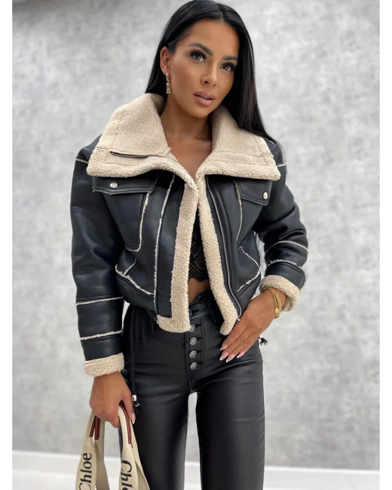 R&B | Kurze Lederjacke mit Teddyfutter