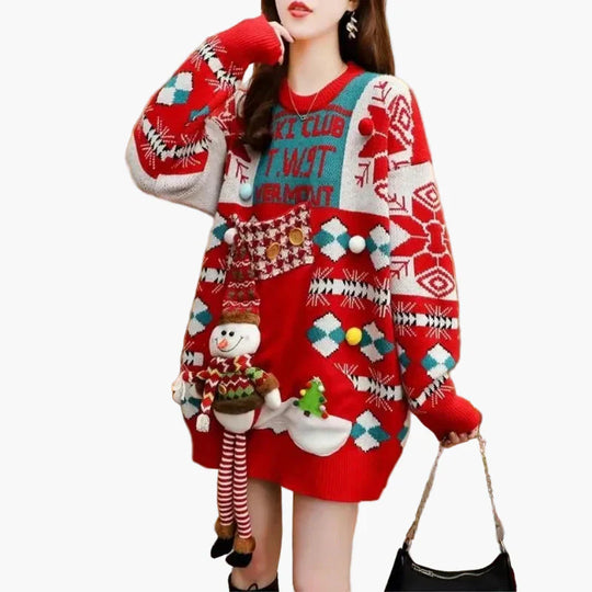 R&B | Weihnachtspullover Ugly Christmas Sweater mit 3D Schneemann und Wintermotiv - Lustiger Feiertagspullover für Partys