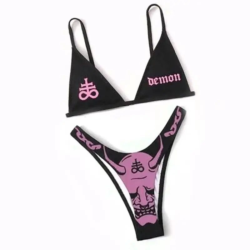 R&B | Sexy Goth Bikini Frauen Buchstaben Totenkopf Druck Badeanzug Split Badeanzug Hohe Taille Gotische Bikini Set Strandoutfits
