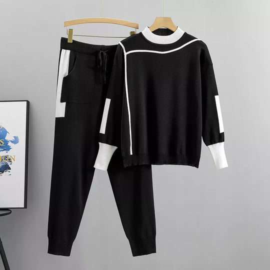 R&B - Lässiges Herbst Strick Patchwork Oberteil und Hosen Set für Frauen