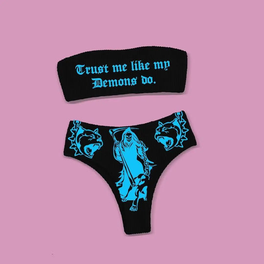 R&B | Sexy Goth Bikini Frauen Buchstaben Totenkopf Druck Badeanzug Split Badeanzug Hohe Taille Gotische Bikini Set Strandoutfits
