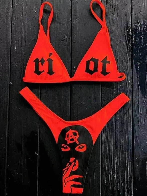 R&B | Sexy Goth Bikini Frauen Buchstaben Totenkopf Druck Badeanzug Split Badeanzug Hohe Taille Gotische Bikini Set Strandoutfits