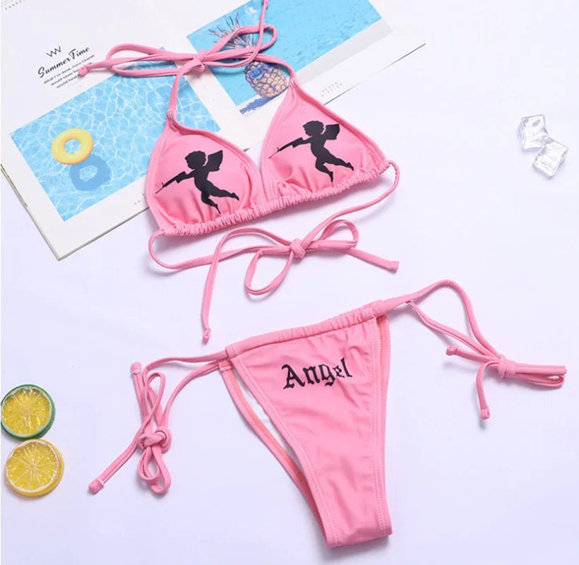R&B | Sexy Goth Bikini Frauen Buchstaben Totenkopf Druck Badeanzug Split Badeanzug Hohe Taille Gotische Bikini Set Strandoutfits