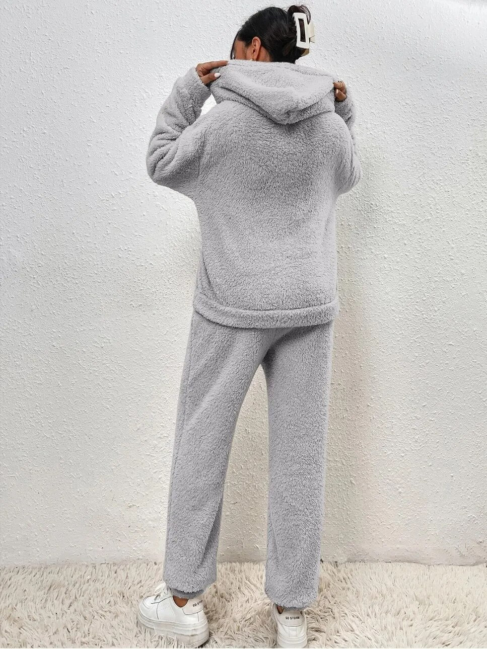 R&B | Weiche Teddyjacke Damen Loungewear Satz mit Kapuze