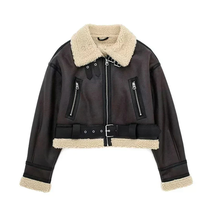 R&B | Lammfelljacke - Kurzes Modell - Oversized Fit - Warme Wollfutter - Reißverschluss schließen