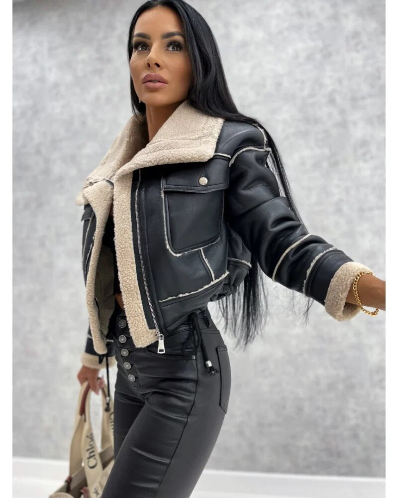 R&B | Kurze Lederjacke mit Teddyfutter
