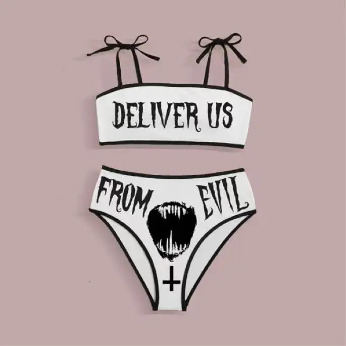 R&B | Sexy Goth Bikini Frauen Buchstaben Totenkopf Druck Badeanzug Split Badeanzug Hohe Taille Gotische Bikini Set Strandoutfits