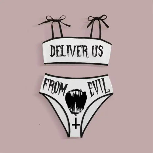 R&B | Sexy Goth Bikini Frauen Buchstaben Totenkopf Druck Badeanzug Split Badeanzug Hohe Taille Gotische Bikini Set Strandoutfits