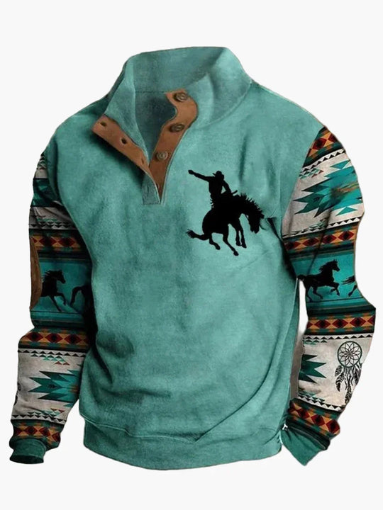 R&B | Retro Cowboy Sweatshirt mit Digitaldruck und Stehkragen - Western Casual Pullover für Outdoor und Freizeit