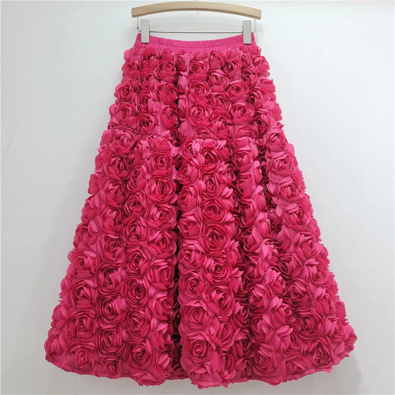 R&B | Herbst Neu Vielseitig Drei Dimensional Blumen Mittlere Falten Rock Hohe Taille Große Schwung Mode A-Linie Röcke Frauen