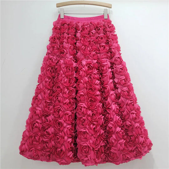 R&B | Herbst Neu Vielseitig Drei Dimensional Blumen Mittlere Falten Rock Hohe Taille Große Schwung Mode A-Linie Röcke Frauen