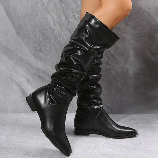 R&B | Knielange Punk-Stil Falten Pu-Leder Stiefel