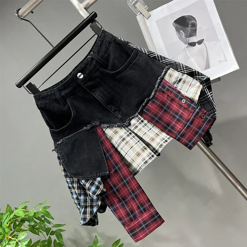 R&B | Jahrgang Unregelmäßig Patchwork Kariert Röcke Denim Kurz für Frauen Hohe Taille Eingewickelt Hüfte Mini Rock Sommer Weiblich