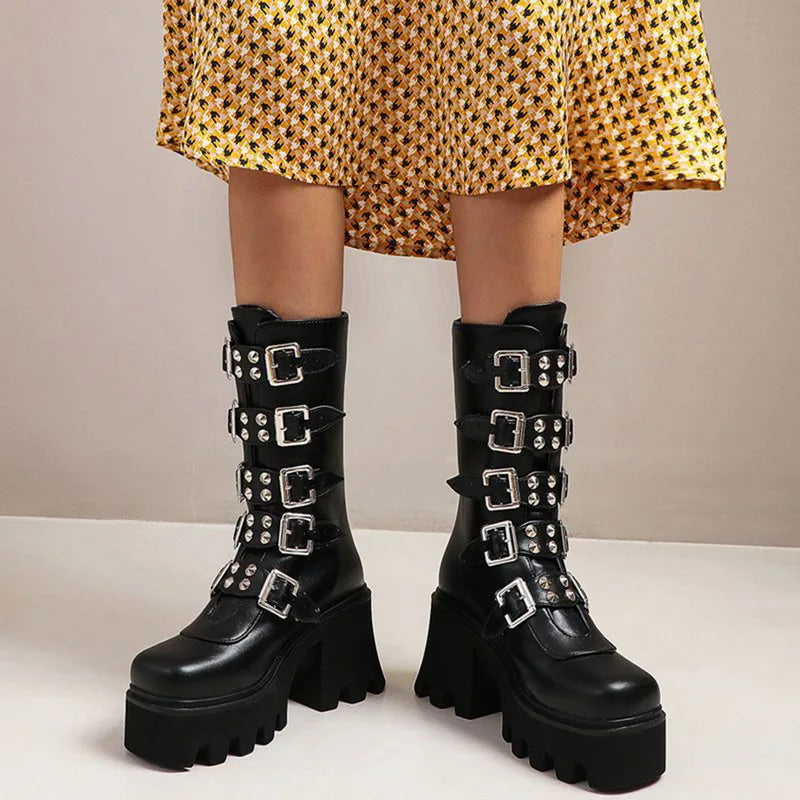 R&B | Gothic Schuhe Frauen Schwarz Hochstiefel Weiblich Hohe Absatz Frauen Combat Punk Chunky Dame