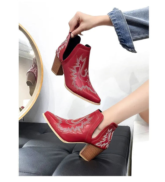 R&B | Damen Westernstiefel mit Blockabsatz und Retro-Stickerei